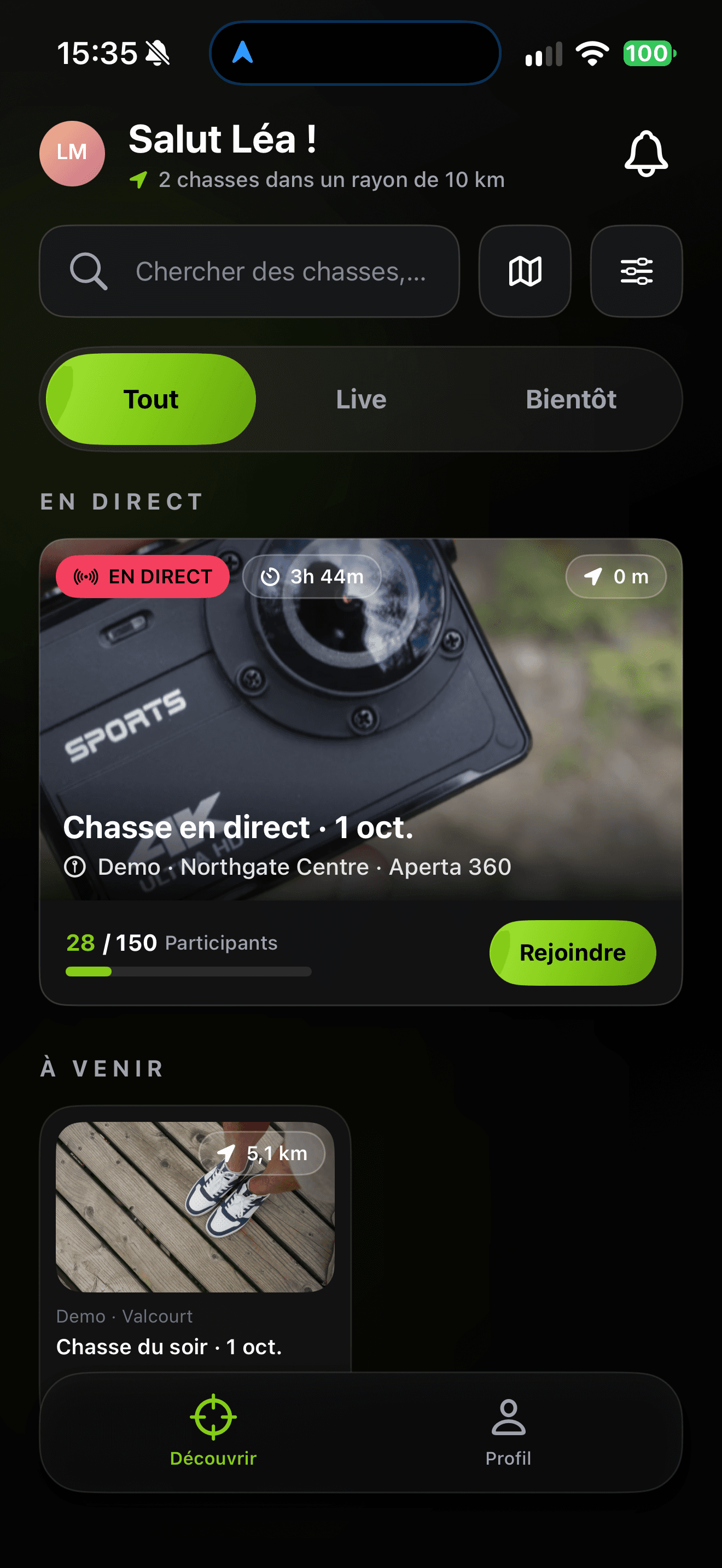The Seek & Win app, Discover screen: a live hunt at Northgate Centre, with the time left, the players and the Join button.