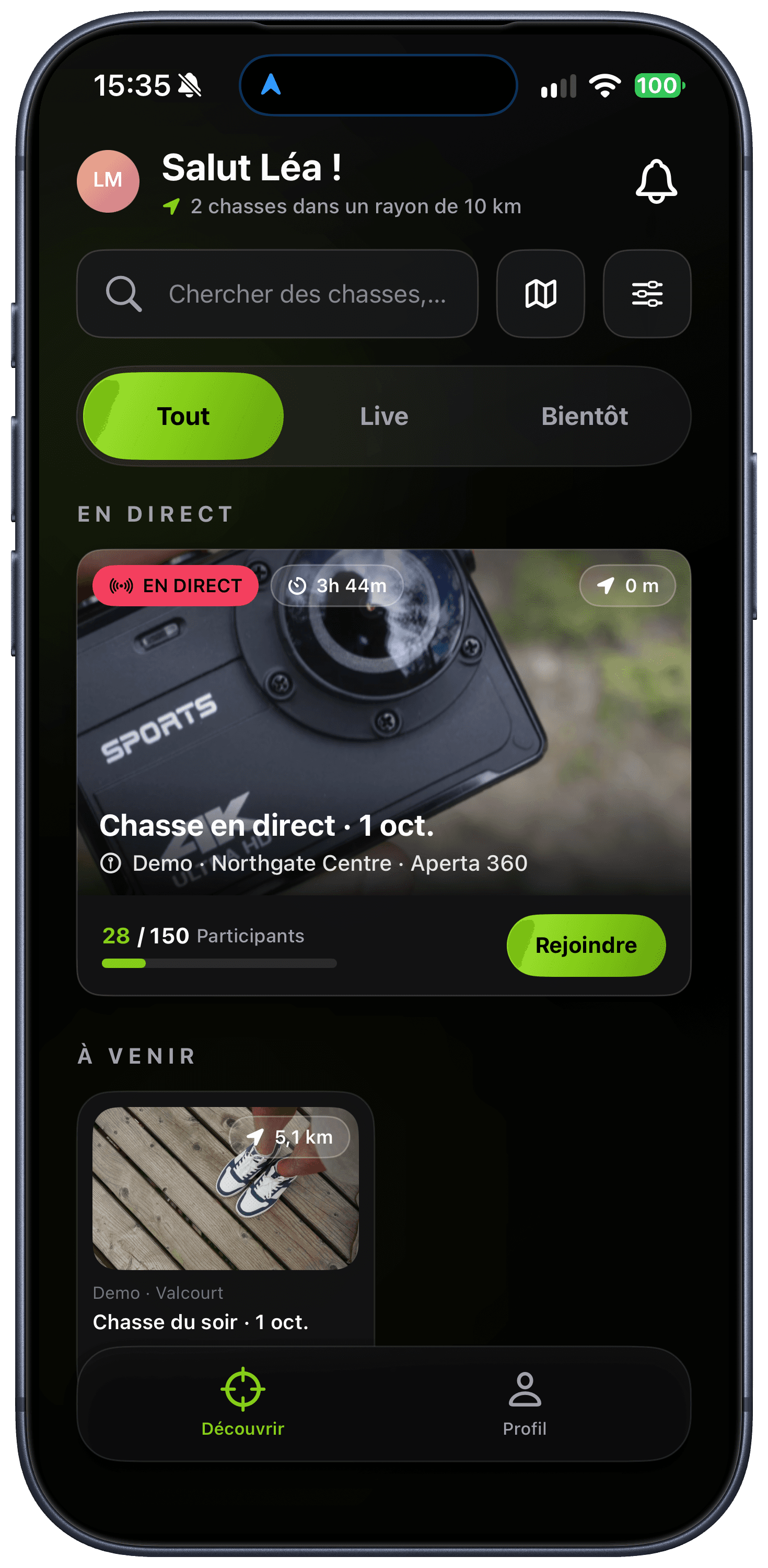 Seek & Win app, Discover screen: the live hunts near you, with their prizes and places left